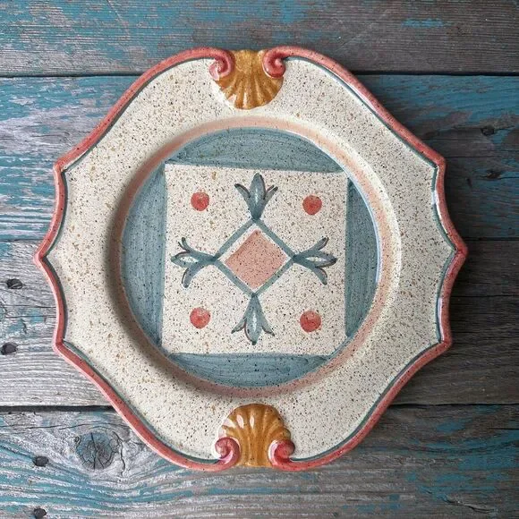 Neiman Marcus 9.5 Inch Salad Plate Hand Painted‎ Italy Tuscany Multi Geometric
