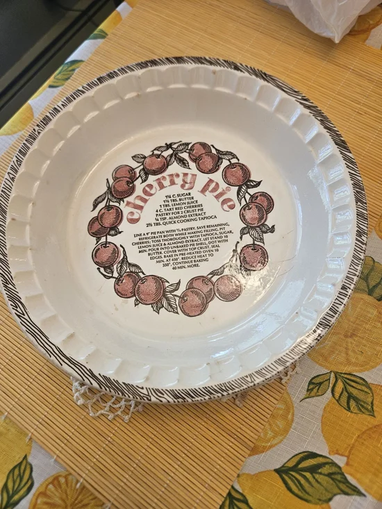 Vintage Ceramic Cherry Pie Pan with Recipe Graphic