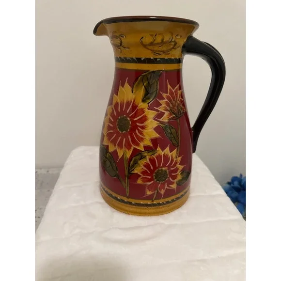 Pier 1 Imports Sunflower Hand Painted Terracotta Pitcher Red Yellow Floral Vase