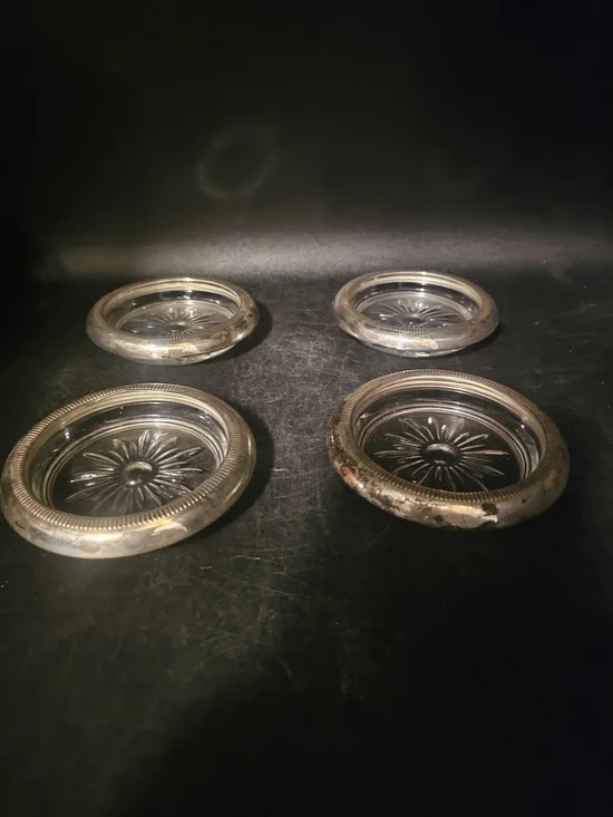 Vintage Sterling Silver And Cut Glass Coasters, Stamped Crown Silver