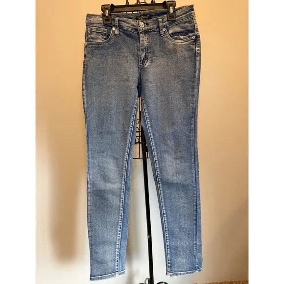 Venus‎ Womens Skinny Jeans Medium Wash Rhinestone Button Denim Blue Slim Fit