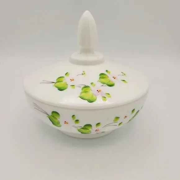 Vintage Fenton Pink Blossoms in the Snow Covered Candy Dish Painted Milk Glass