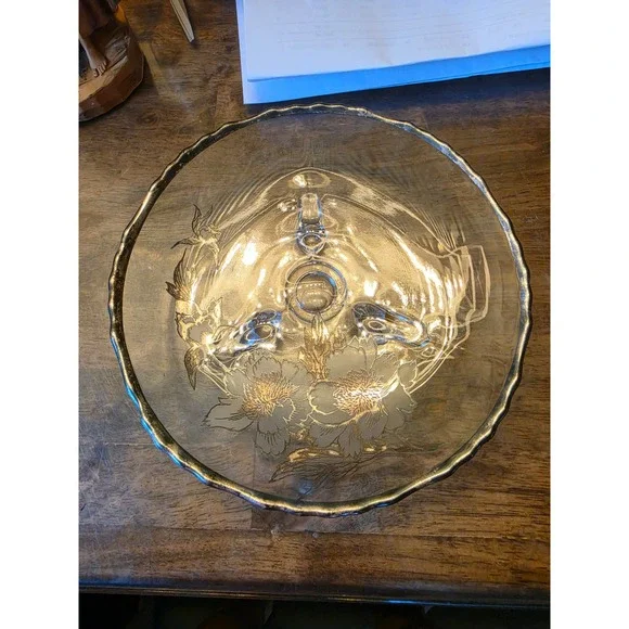 Vintage Glass Footed Cake Stand Silver Floral Overlay Scalloped Rim 7.5 Inch