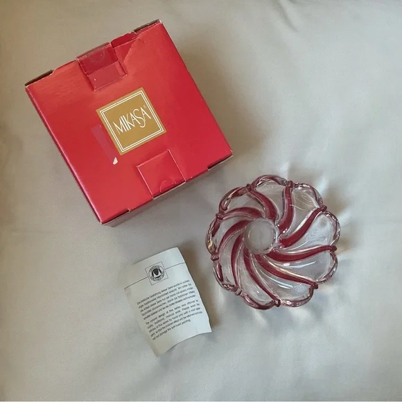 Vintage Mikasa Germany Peppermint Red Swirl Glass Bowl Candy Cane Scalloped Dish