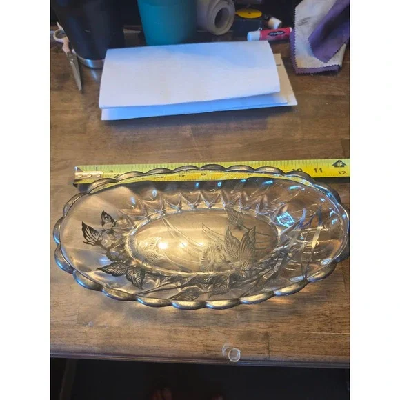 Vintage Silver Overlay Glass Oval Bowl Scalloped Floral Butterfly Serving Dish