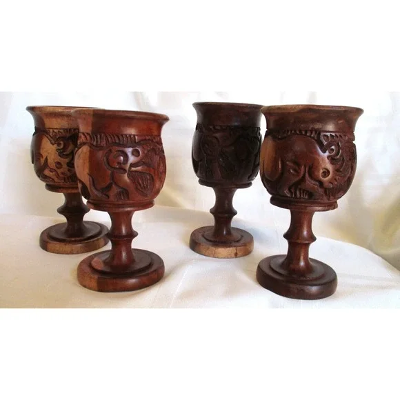 Vintage Hand Carved Wood Goblets Wine Glass Set Of 4 Elephant & Rhino