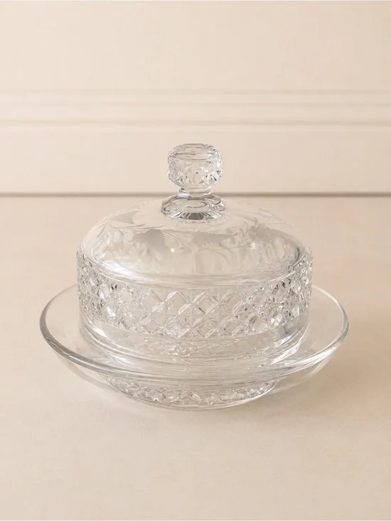 Vintage Pressed Glass Covered Butter Dish | Etched | Cheese Server | Candy Dish