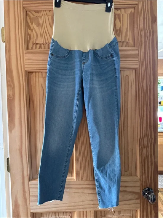 a:glow Beige Panel Maternity Jeggings with Blue Denim Legs