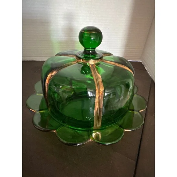 VTG Riverside Glass Works Emerald Green Gold Gilt Scalloped Domed Butter Dish