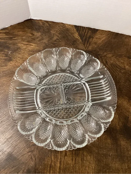 vintage L.E. Smith clear pressed glass deviled egg and relish platter