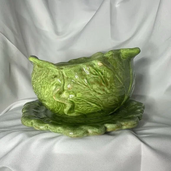 Vtg 1970s Holland Mold Green Cabbage Leaf Covered Ceramic Bowl & Plate Set