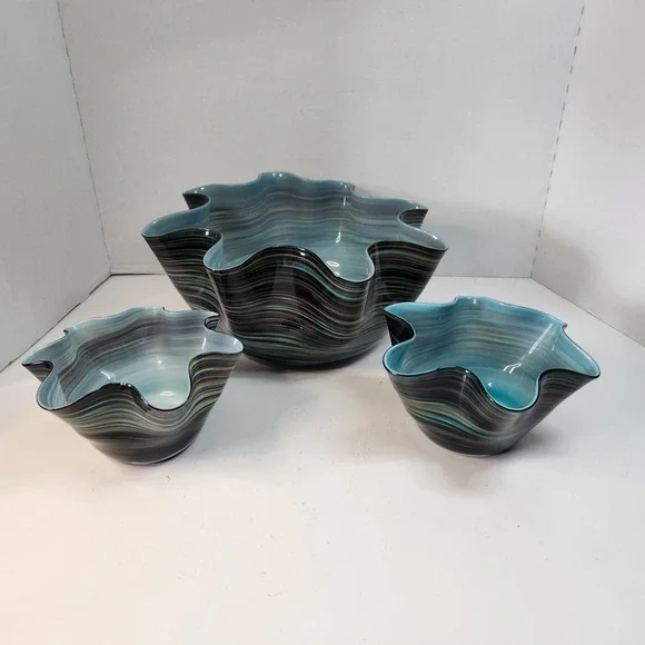 Vintage 3 Pc Murano-Style Art Glass Handkerchief Bowl Set Blue-Green Swirl Read