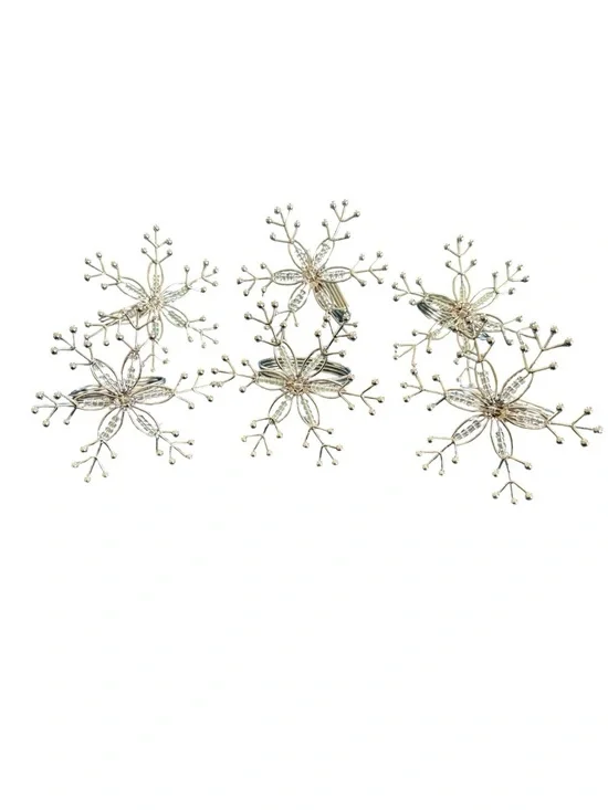 Set of 6 Metal Snowflake Napkin Rings With Beading Silver Decorative Dining