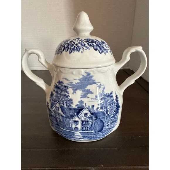 J&G Meakin Romantic England Blue White Sugar Bowl Sandford Orcas Manor House