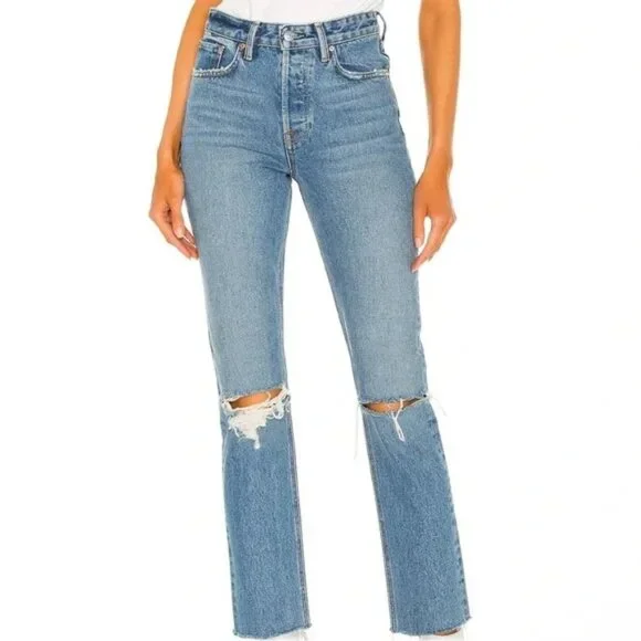 GRLFRND KAROLINA HIGH RISE STRAIGHT CROP JEANS RIPPED KNEE RAW HEM RIGID sz 28