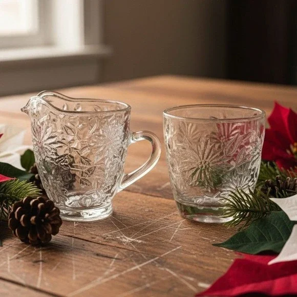 Princess House Fantasia Open Sugar Bowl‎ & Creamer Set #5242, Etched Poinsettias