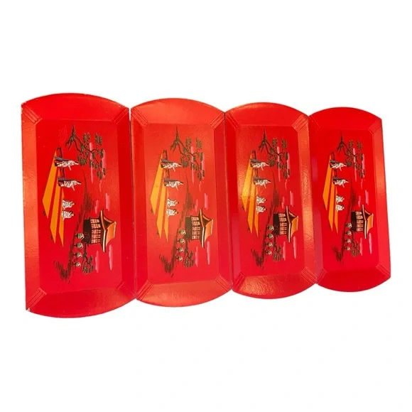 Vintage Hasko Deluxe Lap Trays Red Asian Pagoda Scene MCM Set of 4