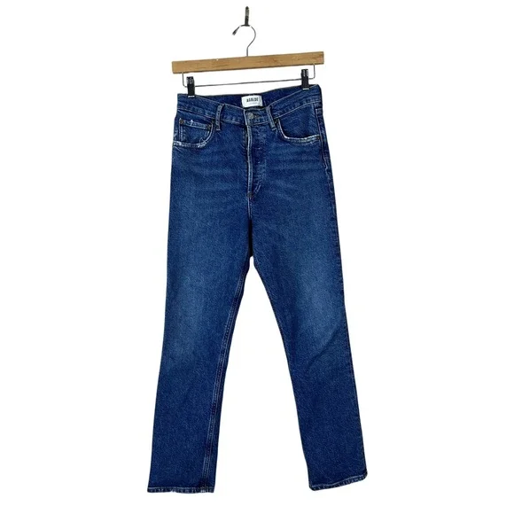 AGOLDE Riley Crop Solid Straight Leg Jeans Blue High Rise Distressed Size 25