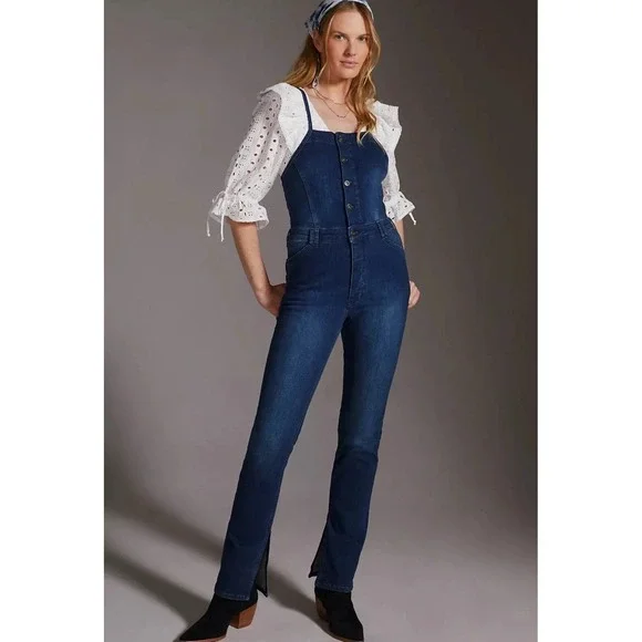 Anthropologie Pilcro‎ Split Denim Overalls Size 27 Buttons Pull On