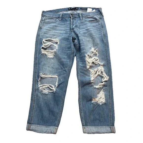 Hollister Boyfriend Crop Jeans 11R Blue Distressed Cuffed Button 30x25