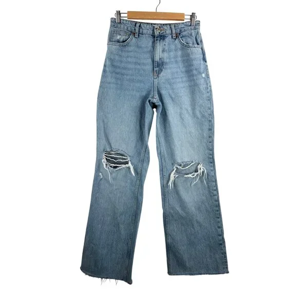 Zara wide leg ripped high‎ waist jeans retro boho blue sz 4