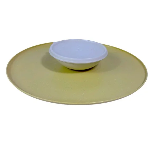 Vtg Tupperware Chip and Dip Serving Set Vintage Harvest Gold 3 Pc Tray Bowl Lid