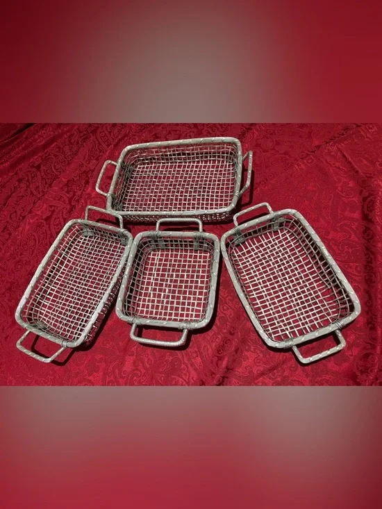 Set of 4 Gray Woven Metal Baskets with Handles to hold glass baking dishes or….