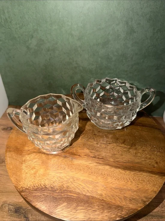 Vintage Pressed Glass Creamer and Sugar Set - Clear