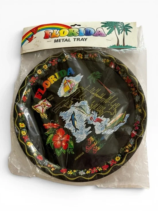 Vintage Florida Souvenir Metal Tray In Original Plastic Packaging