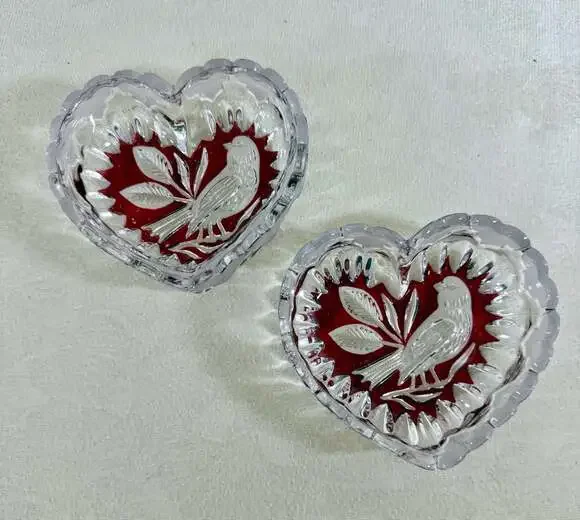 Hofbauer Byrdes Ruby Collection Heart-Shaped Crystal Trinket Dishes - Pair