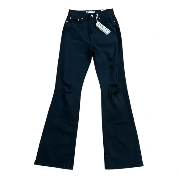 DAZE Women's Black Tough Love Distressed High Rise‎ Bootcut Jeans Size 26 NEW