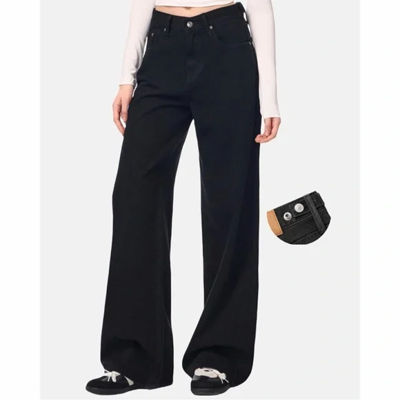 Adjustable Waist Black Jeans Women's 30 Baggy Wide‎ Leg Y2K Indie Sleaze Denim