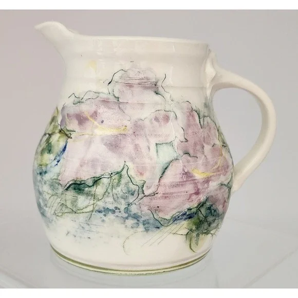 Studio Pottery Floral Pitcher Signed 1986 Cream Lavender Pink Excellent 6in