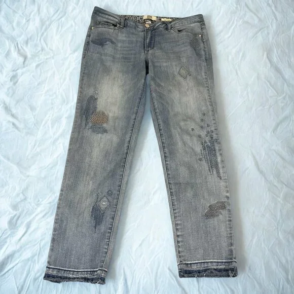 Vintage America Blues Jeans Women 6/28 Slim Straight Embroidered Distressed Boho