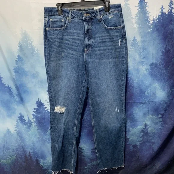 Free Assembly Jeans, Wms 14, Blue, Denim, Super High Rise, Straight, Frayed Hem