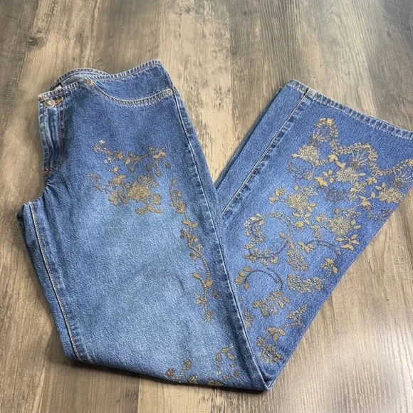 XOXO 90’s Blue Low Rise Flare Jeans with Gold Floral Accents