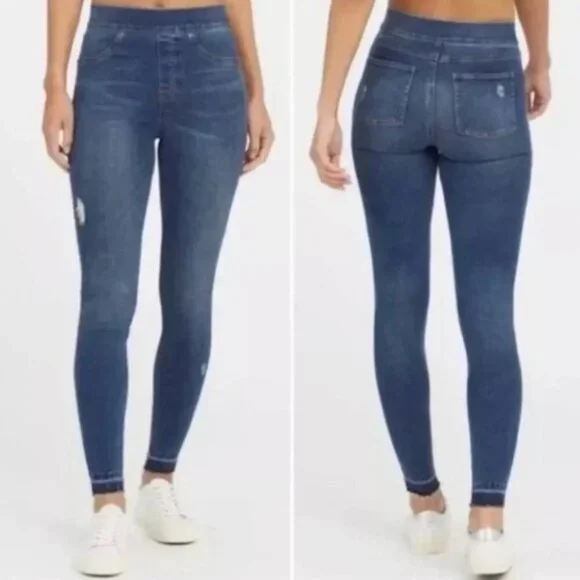 NWT SPANX Distressed Ankle Skinny Pull on‎ Jeans Med Wash 20203R Sz S