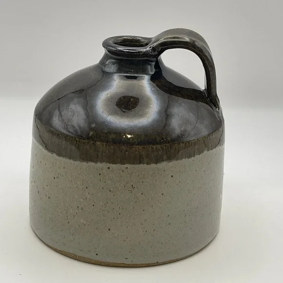 J Pitts Studio Pottery Whiskey Jug Two Tone Brown Grey Signed Stoneware 6in