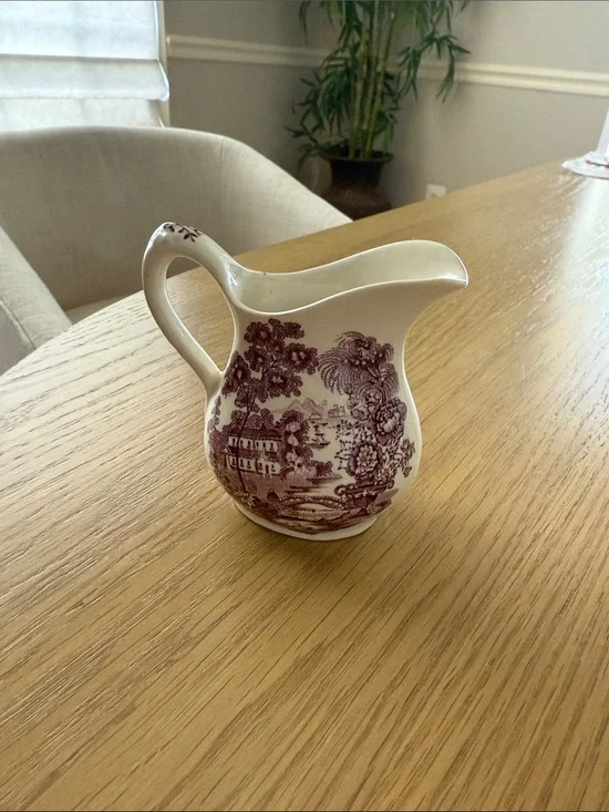 Classic White Ceramic Creamer with Plum Transferware Design