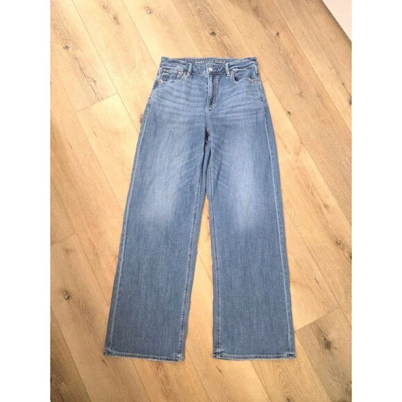 American Eagle Jeans Womens Sz 4T 30 Blue Super High Rise Baggy Wide Leg Stretch