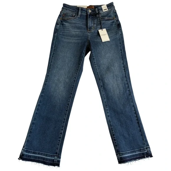 Judy Blue Kick Flare Jeans Women 0/24 (25x25.5) Blue Whiskering Denim Frayed Hem