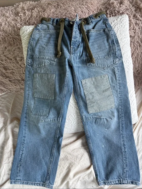 Light Blue Patchwork with Drawstring Waist we the Free barrel jeans