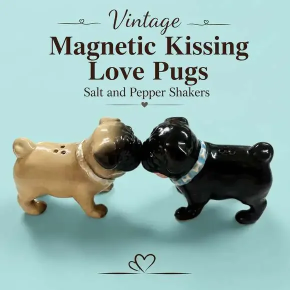 Vintage Magnetic Kissing Love Pugs Ceramic Salt and Pepper Shakers