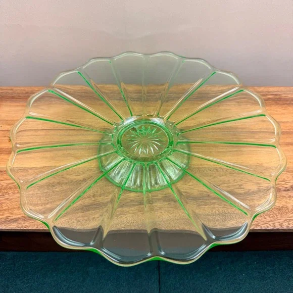 Vintage Green Uranium Glass Cake Stand 10 Inch Scalloped Vaseline Glass Pedestal