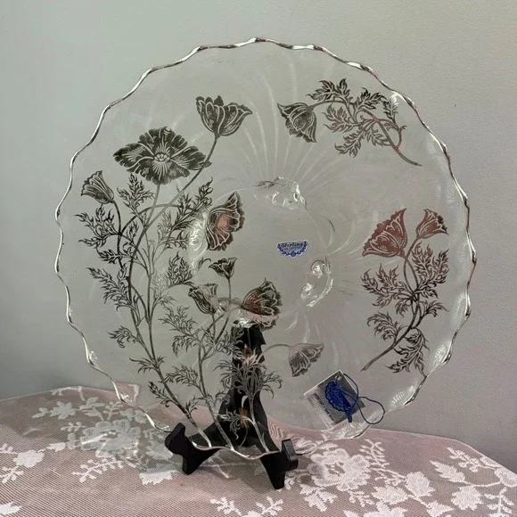 Silver City Glass Poppy Sterling Silver Overlay Crystal Footed Bowl NEW Silver