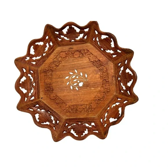 VTG Boho Floral India Folk Art Hand Carved Wood Tray Wall Hanging Octagonal  12