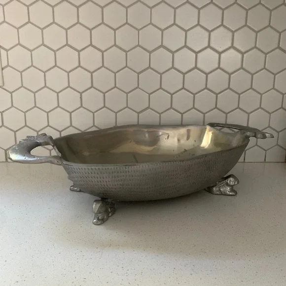 Arthur Court Pewter Rabbit Footed Serving Bowl Carrot‎ Handles 18.5 Inch Easter