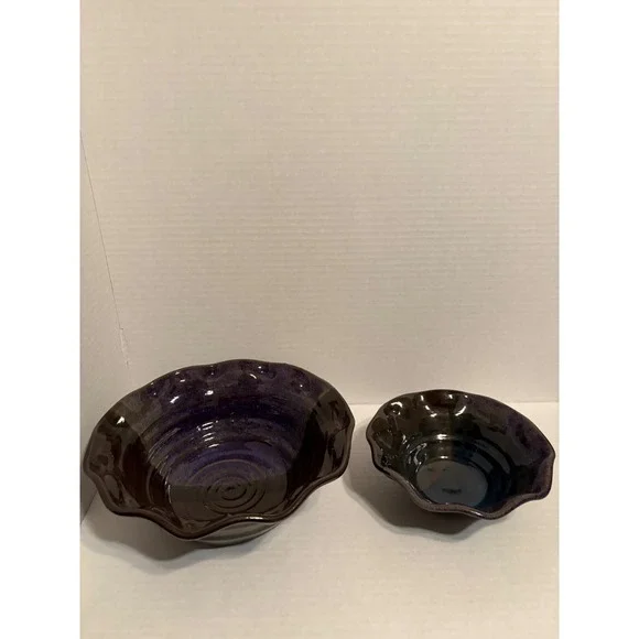 Dodge Studio Pottery Ruffled Bowl Set Purple Brown Glaze Signed Handcrafted 2pc