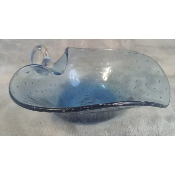 Vintage Blue Controlled Bubble Art Glass Heart Shaped Nappy Bowl with Handle MCM