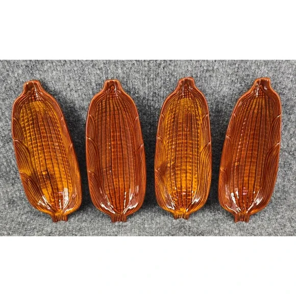4 Vtg California Pottery USA Corn on the Cob Trays Brown Drip Glaze Ceramic 70s